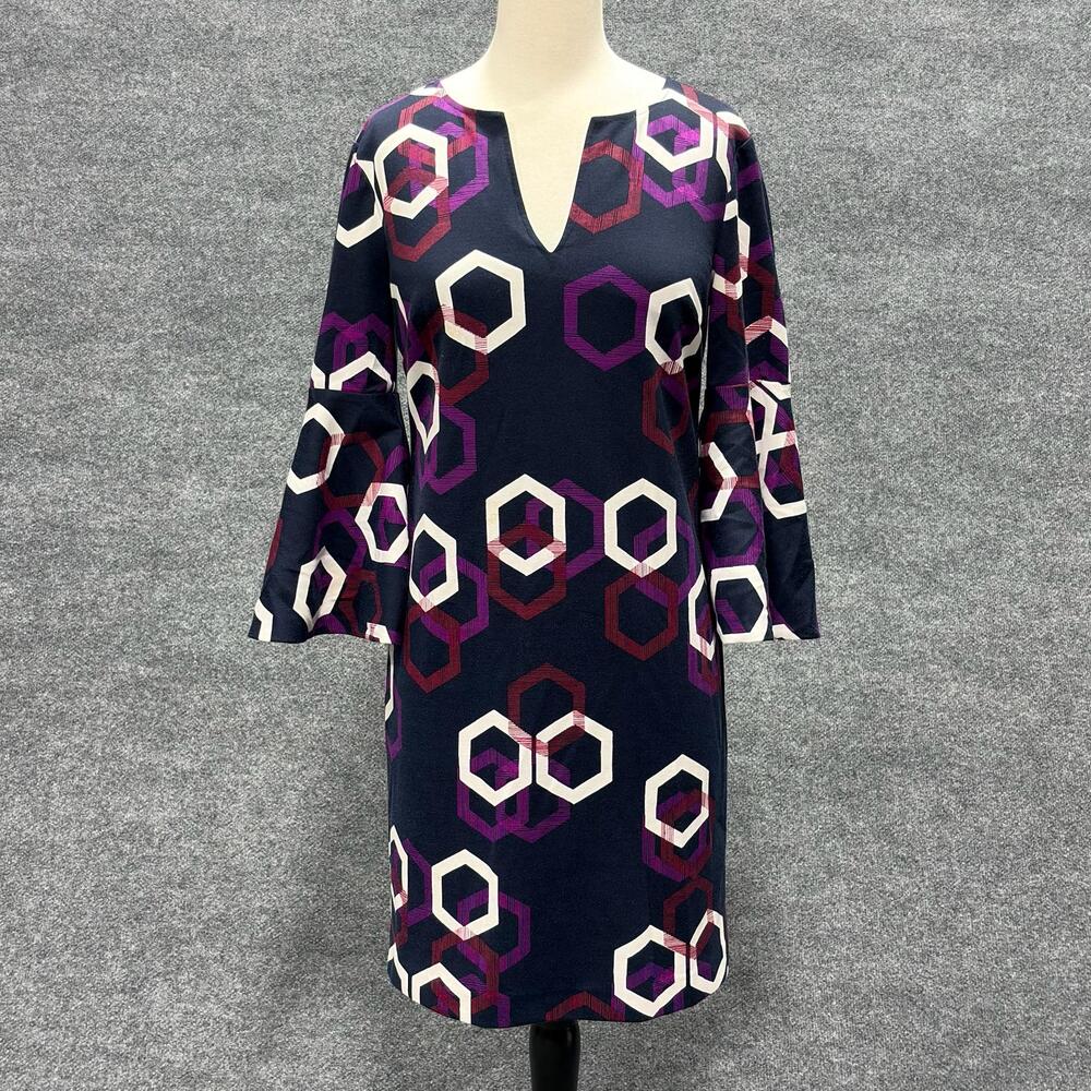 Trina Turk Dress Womens Small Multicolor Geometric Bell Sleeve Shift Knee Length